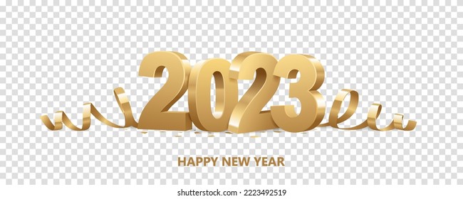 Happy New Year 2023. Golden 3D numbers with ribbons and confetti , isolated on transparent background.
