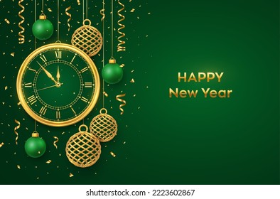 Happy New Year 2023. Golden shiny watch with Roman numeral and countdown midnight, eve for New Year. Background with shining gold and green balls. Merry Christmas. Xmas holiday. Vector illustration.