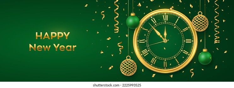 Feliz Año Nuevo 2023. Reloj dorado brillante con número romano y cuenta regresiva medianoche, víspera de Año Nuevo. Fondo con oro brillante y bolas verdes. Feliz Navidad. Navidad. Ilustración vectorial.