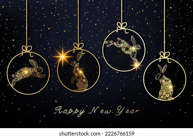 Happy New Year 2023. Golden Christmas balls figures with rabbits made in floral ornament with sequins isolated on a black background. Vector illustration. 