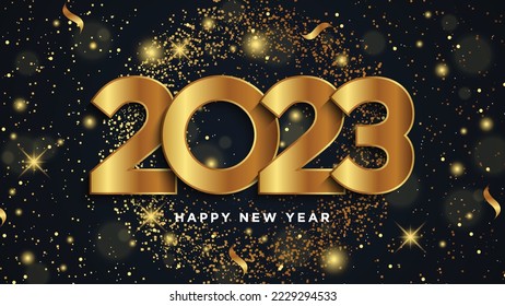 Happy new year 2023. Golden numbers with Christmas decoration and confetti on dark blue background.