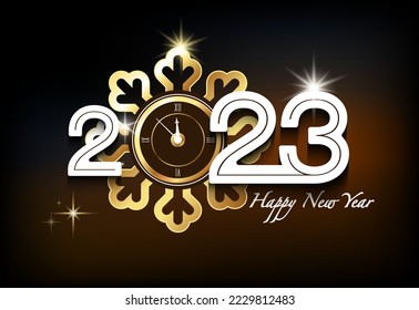 Happy New Year 2023 golden text design, shines in isolated numbers and shines with gold. Creative Black background. Stars. Futuristic design, gold snowflakes. Elements for calendar and greeting card