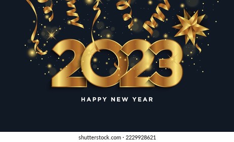 Happy new year 2023. Golden numbers with Christmas decoration and confetti on dark blue background.