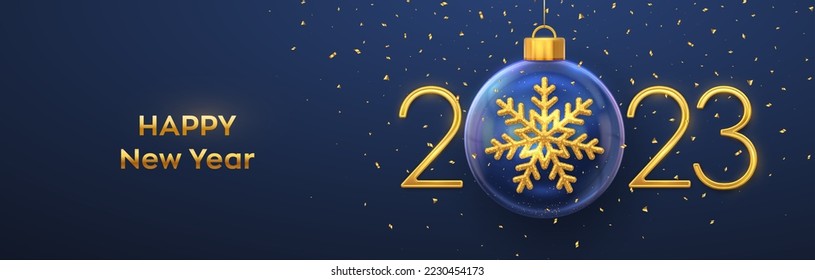 Happy New Year 2023. Golden metal 3D numbers 2023 with gold shining 3D snowflake in a Christmas glass bauble. Greeting card. Holiday Xmas and New Year poster, banner, flyer. Vector Illustration.