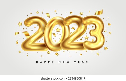 Happy New Year 2023. Golden metal number on white background. Festive realistic decoration. Web Poster, banner, cover card, brochure, flyer, layout. Vector 3d illustration