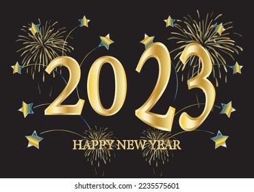 
Happy New Year 2023 with golden fonts and little stars on black background