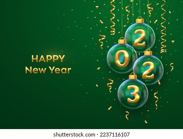 Happy New Year 2023. Golden metal 3D numbers 2023 in glass bauble. Hanging Christmas balls and glitter confetti. Greeting card. Holiday Xmas and New Year poster, banner, flyer. Vector Illustration.