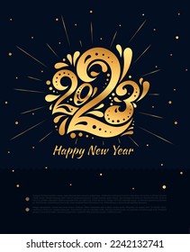 Happy New Year 2023. The golden logo of number 2023 in with curls. Template with web banner, poster, card, greeting for social networks and media. Vector gold logo 2023 isolated on black background.