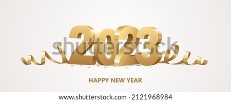 Happy New Year 2023. Golden 3D numbers with ribbons and confetti on a white background.