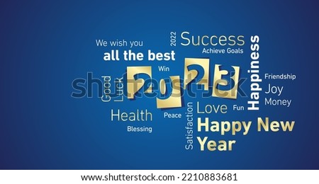 Happy New Year 2023 golden negative space numbers word cloud text blue isolated background vector
