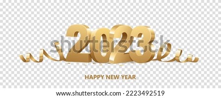 Happy New Year 2023. Golden 3D numbers with ribbons and confetti , isolated on transparent background.
