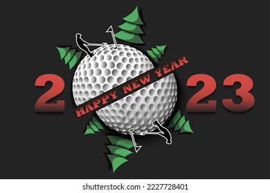 Happy new year. 2023 with golf ball, Christmas trees and golf player. Original template design for greeting card, banner, poster. Vector illustration on isolated background