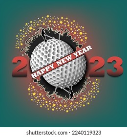 Happy new year 2023 and golf ball with golf player and fans. Creative design pattern for greeting card, banner, poster, flyer, party invitation. Vector illustration