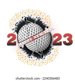 Happy new year 2023 and golf ball with golf player and fans. Creative design pattern for greeting card, banner, poster, flyer, party invitation. Vector illustration