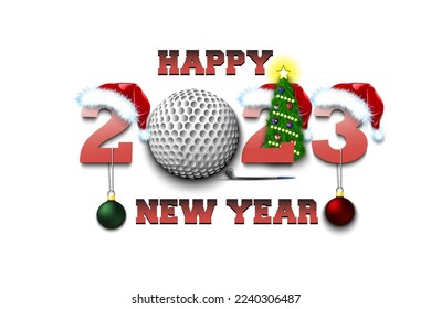 Happy new year. 2023 with golf ball. Numbers in Christmas hats with golf bat and Christmas tree ball. Original template design for greeting card. Vector illustration on isolated background