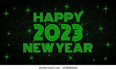 Happy New Year 2023 green text shiny green light pattern with black background vector