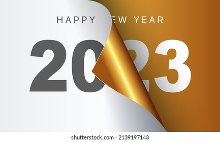 Happy New Year 2023 greeting card design template. End of 2022 and beginning of 2023. The concept of the beginning of the New Year. The calendar page turns over and the new year begins.