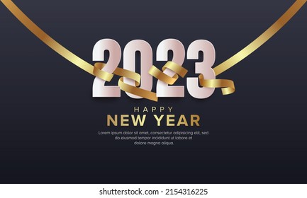 Happy new year 2023 greeting with ribbon on dark blue background