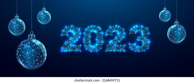 Happy new year 2023 greeting card. Numbers from a polygonal wireframe mesh with Christmas balls. Low poly style design. Abstract vector illustration on dark background.