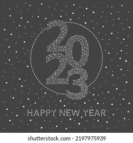 Happy New Year 2023 greeting card. Snow typographic composition, dotted winter background. Big numbers, letters, characters made of hand drawn uneven dots, spots, dot snowflakes, beads, blobs.