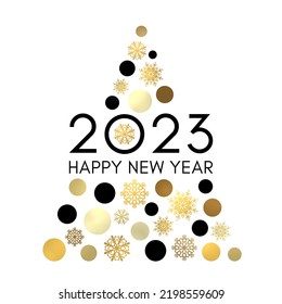 Happy New Year 2023 greeting card design. Abstract Christmas tree with gold and black circles snowflakes isolated on white background. Shining New Year postcard invitation. Golden vector illustration.