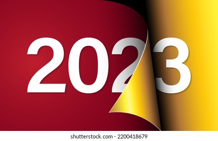 Happy New Year 2023 greeting card design template. End of 2022 and beginning of 2023. The concept of the beginning of the New Year. The calendar page turns over and the new year begins.