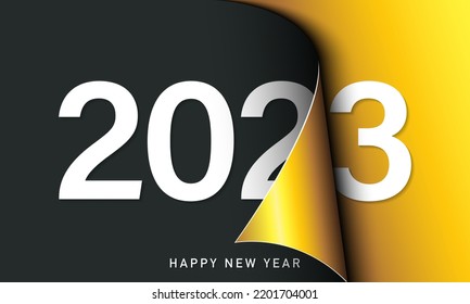 Happy New Year 2023 greeting card design template. End of 2022 and beginning of 2023. The concept of the beginning of the New Year. The calendar page turns over and the new year begins.