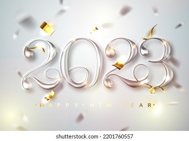 Happy New Year 2023 Greeting Card with Silver Numbers and Confetti Frame on White Background. Vector Illustration. Merry Christmas Flyer or Poster Design.