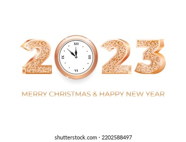 Happy New Year 2023 greeting card template. Gold sparkling 3D numbers and a clock on a white background. Vector 10 EPS.