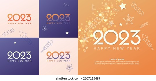 Happy new year 2023 greeting post template. Set of 2023 new year celebration for media post