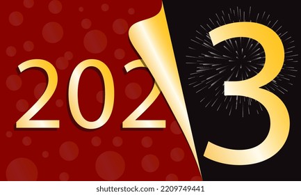 Happy New Year 2023 greeting card design template. End of 2022 and beginning of 2023. The concept of the beginning of the New Year. The calendar page turns over and the new year begins.