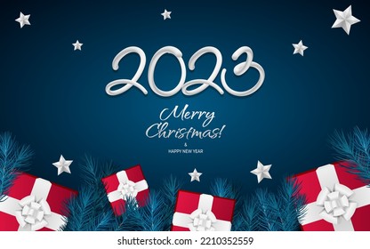 Happy new year 2023 greeting vector templates. Merry Christmas design greeting text with colorful Christmas decor elements gift, fir tree branch, stars on a blue background with luxury silver