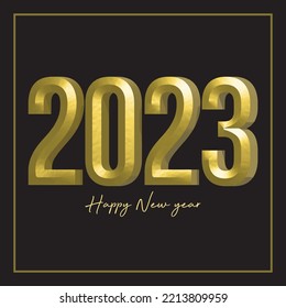 Happy new year 2023 greeting card design with golden date on black background