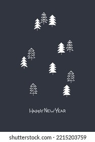 Happy New Year 2023 greeting card template. Stylish Scandinavian design with hand drawn fir trees and hand lettering on turquoise background