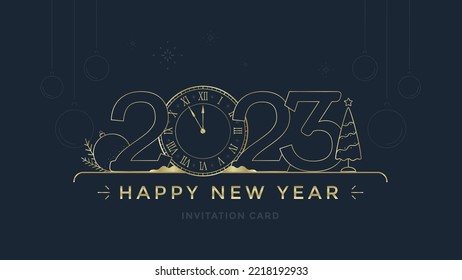 Happy New Year 2023 greeting card with stylized clock and decoration on dark background. Merry Christmas golden line holiday illustration.