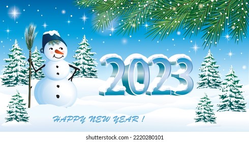 Happy New Year 2023. Greeting card with cheerful snowman and big snowy numbers 2023 on background of winter nature, vector 3d