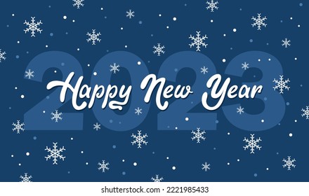 Happy New Year 2023 greeting card. Text on a blue background with snowflakes. Flat vector illustration