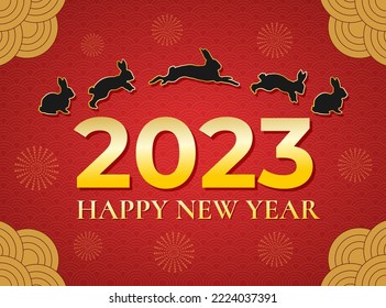 Happy New Year 2023 greeting card design with black rabbit.Chinese new year greeting card design  with black rabbit