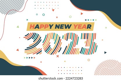 Happy new year 2023 greeting card template, Trendy typography with geometric hipster pattern in Memphis style, 2023 logo background, Applicable for banner, calendar, invitation, flyer, social media