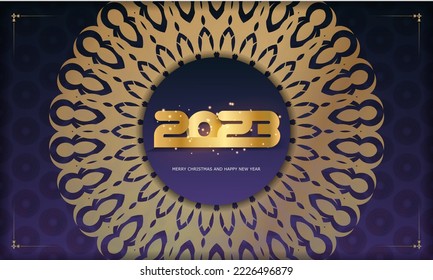 Happy new year 2023 greeting poster. Golden pattern on Blue.