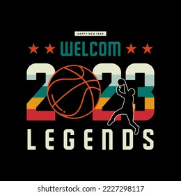 Happy new year 2023. 2023 new year greeting with legend basketball player