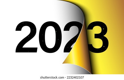 Happy New Year 2023 greeting card design template. End of 2022 and beginning of 2023. The concept of the beginning of the New Year. The calendar page turns over and the new year begins.