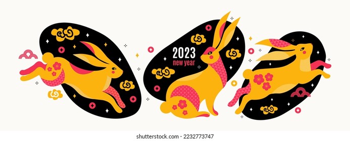 Happy new year 2023 greeting card. Chinese zodiac Rabbit symbol. Jumping, running bunnie. Mid Autumn Festival or Chinese Lunar new year. Moon Hare on starry sky. Collection flat vector illustrations