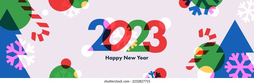 Happy New Year 2023 greeting banner. Trendy modern Xmas design with 2023 typography, overlay elements, candy cane, snowflake, Christmas tree. Horizontal poster, greeting card, header for website