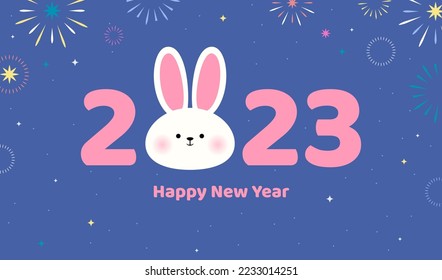 Happy New Year 2023 greeting card vector illustration. Cute white rabbit with fireworks on purple background.	