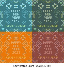 Happy new year 2023 greeting card. 4 color Knitted jacquard vector.