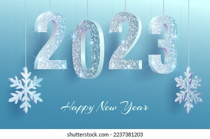 Happy New Year 2023 greeting. Realistic vector illustration with glitter silver 3D numbers and snowflakes hanging on the blue background