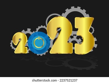 Happy New Year 2023 Greeting banner logo design Decorated with a start button and cogs, signifying the beginning of the new year with the number 2023 in gold.