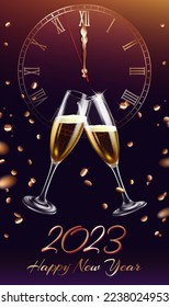 Happy New Year 2023 greeting card with glasses of champagne, big clock showing midnight and golden confetti on the background. Realistic vector illustration