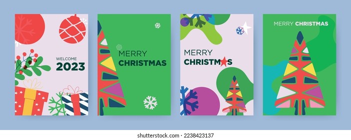 Happy New Year 2023 greeting card. Trendy modern christmas design, overlay elements, gift box, snowflake, Christmas tree. Giftcard